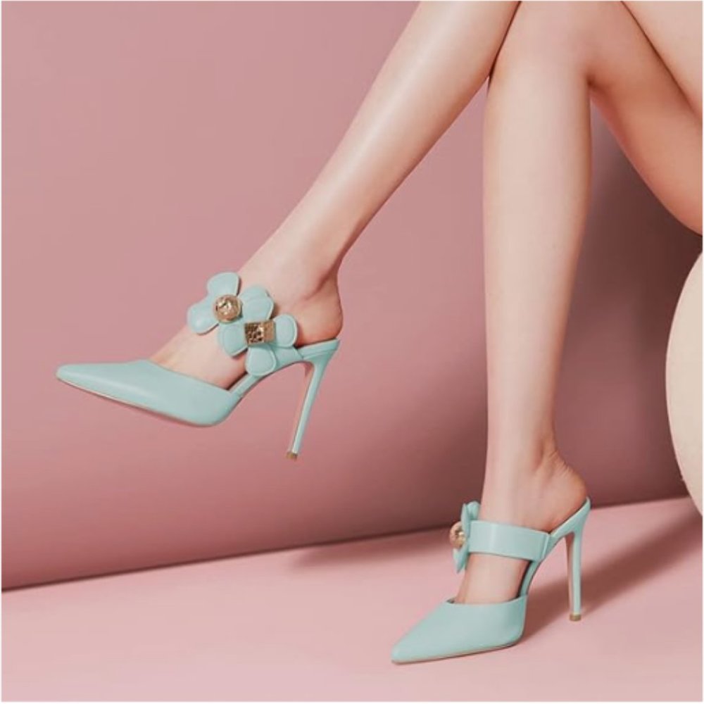 A FSJ Sky Blue Sexy Pointed Toe Flowers Stiletto High Heel Party Dress Mule
